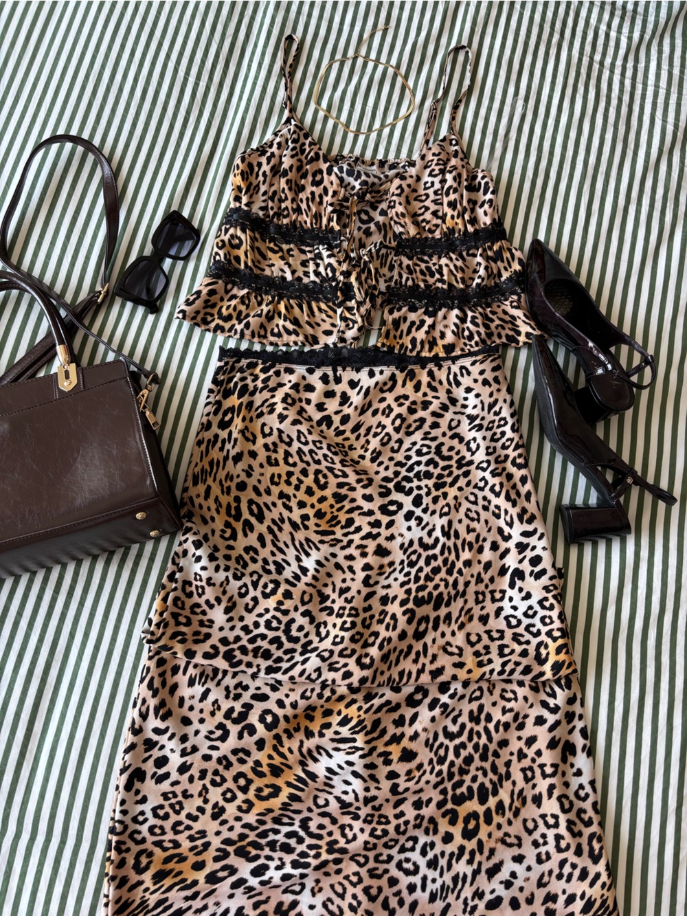 No Boundaries Leopard-Print Midi Skirt Set with Tie-Front Tank Top